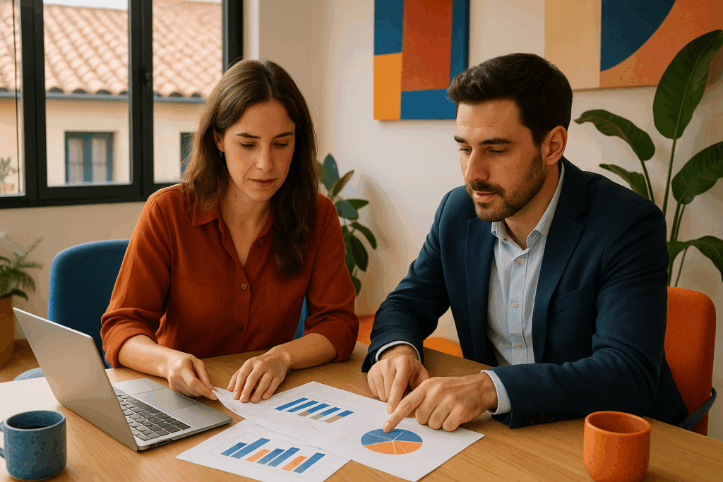 Equipo comercial trabajando en sus indicadores de fuerza de ventas.