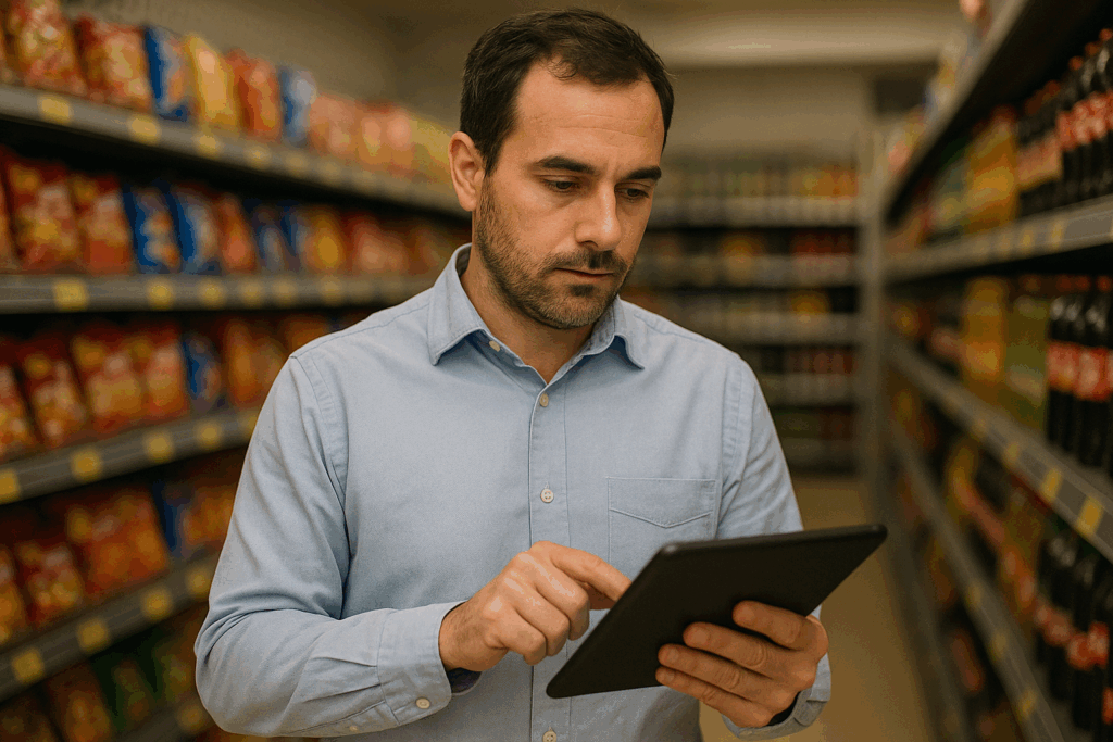 Chef de secteur observant un rayon de supermarché, illustrant la collecte er remontées d’informations terrain pour guider les décisions stratégiques du siège