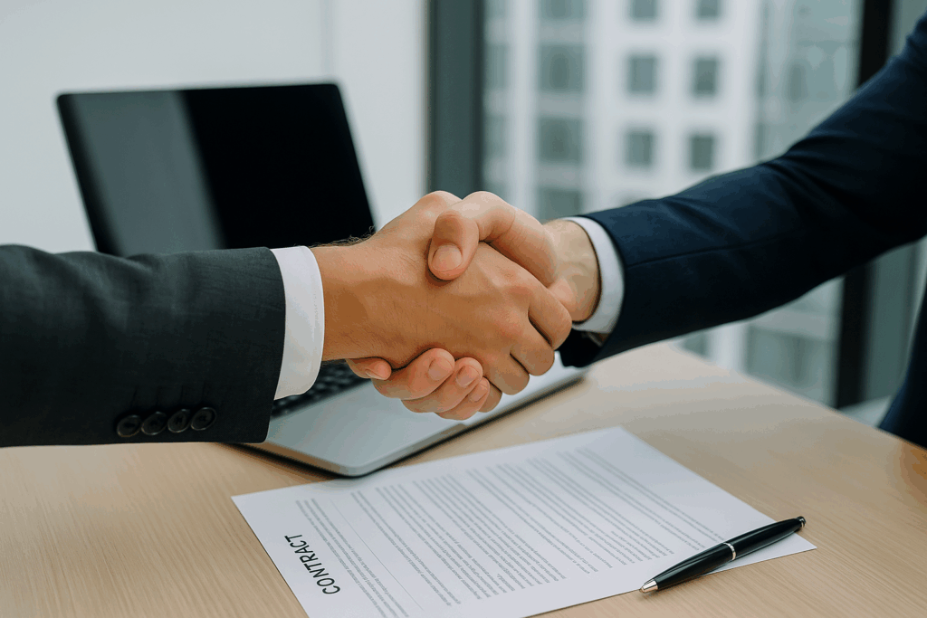 Deux hommes d’affaires en costume se serrant la main au-dessus d’un contrat sur une table, symbolisant un accord commercial et l’externalisation des négociations.