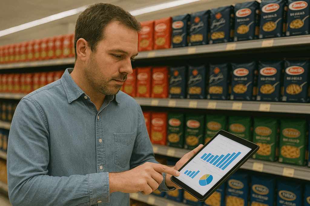 Category manager analysant un tableau de bord sur tablette devant un rayon pour optimiser l’assortiment et la performance en magasin