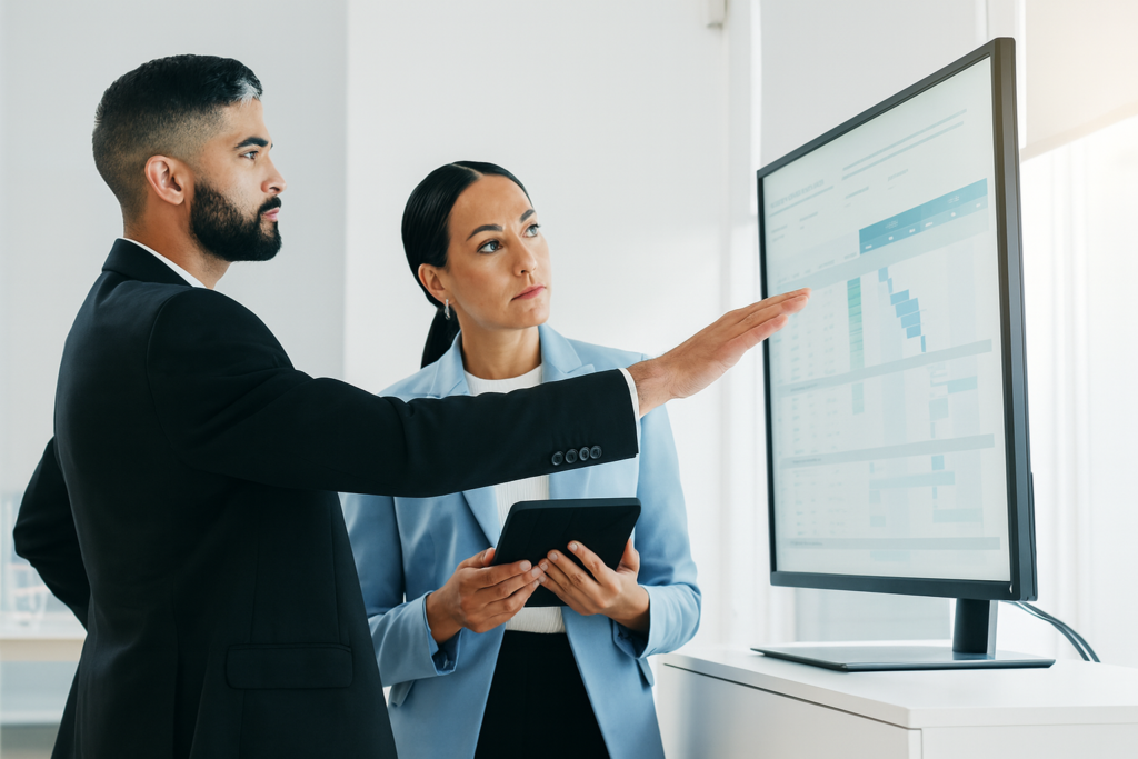 Équipe commerciale analysant des données de performance avec tableaux de bord et indicateurs clés pour optimiser la stratégie commerciale.