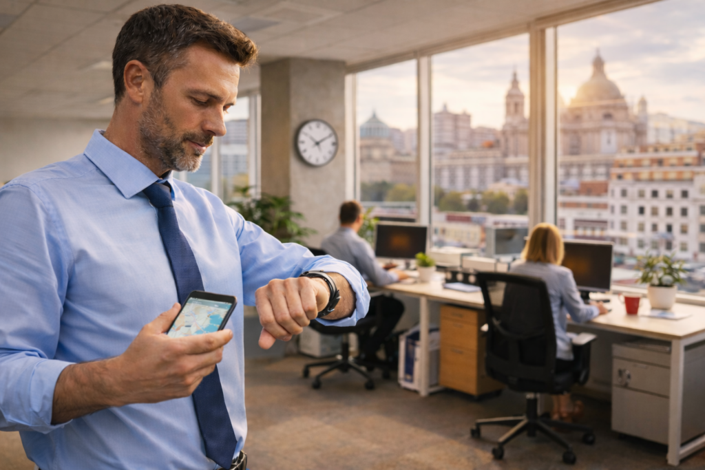 Profesional en oficina de Madrid mirando su reloj, con reloj de pared al fondo.